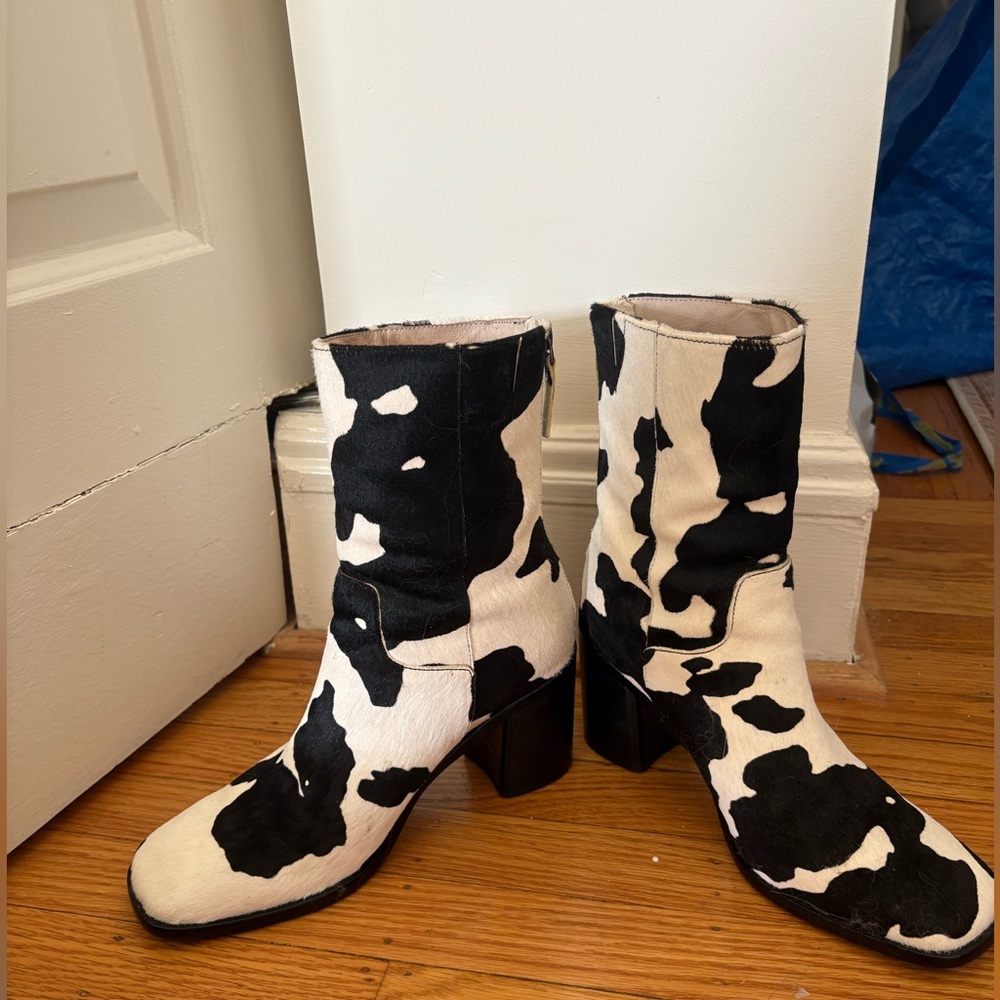 Intentionally Blank Cow Print Ankle Boots